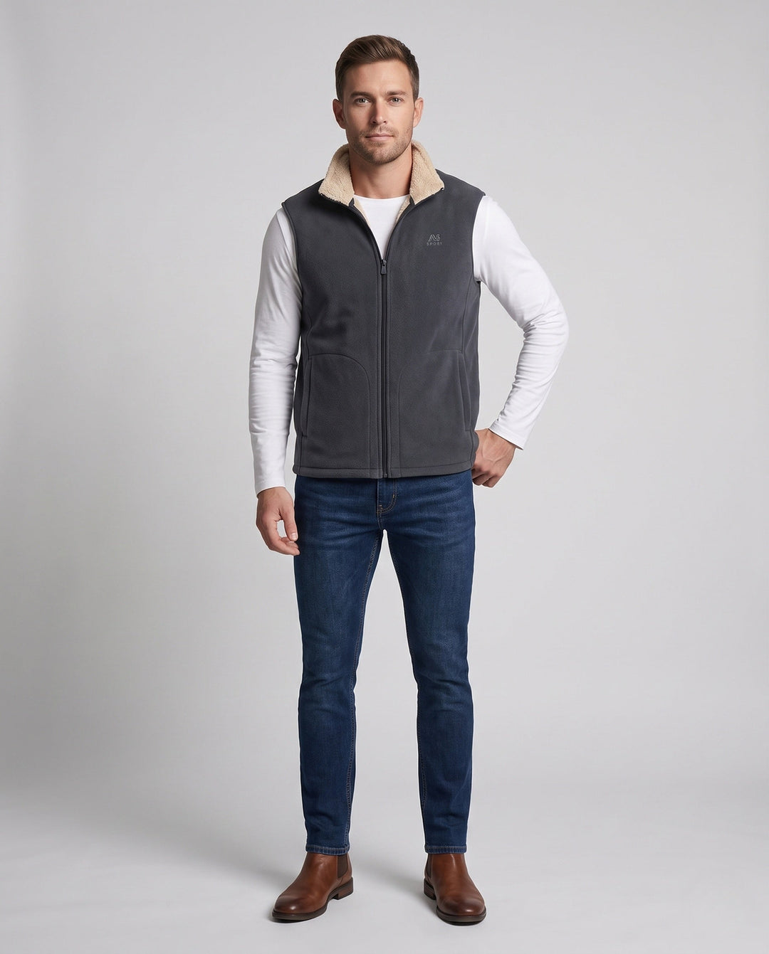 Herr Termisk Fleece Väst med Sherpa Foder, Hög Ståkrage och Dold Sidofickor