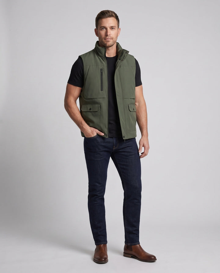 Herr Thermo-Insulation Väst med Ståkrage, Flera Fickor, och Vindtät Ytterlager