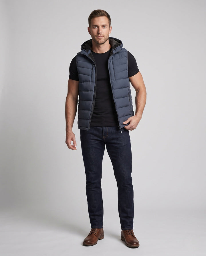 Herr Ultra-Warm Vadderad Väst med Huva, Fleece Innerfoder och Vindtät Ytter Skal