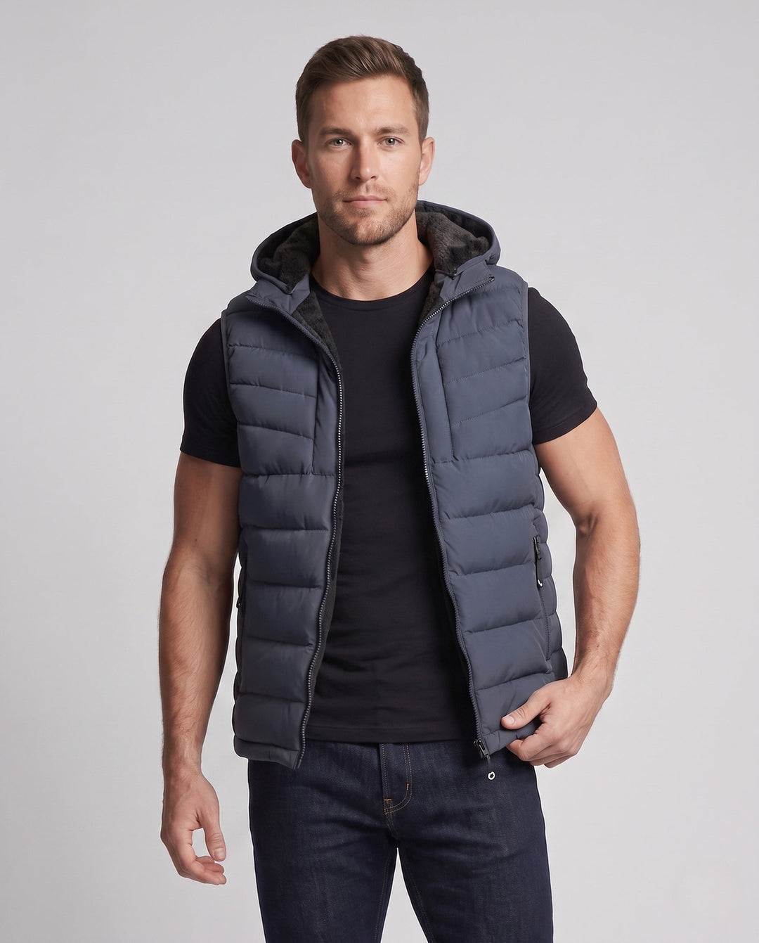 Herr Ultra-Warm Vadderad Väst med Huva, Fleece Innerfoder och Vindtät Ytter Skal