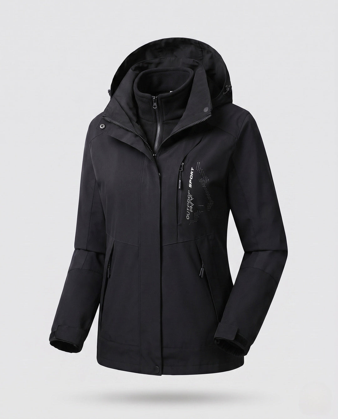 Dam två-layer softshell parka med warming fleece inner foder och justerbar huva