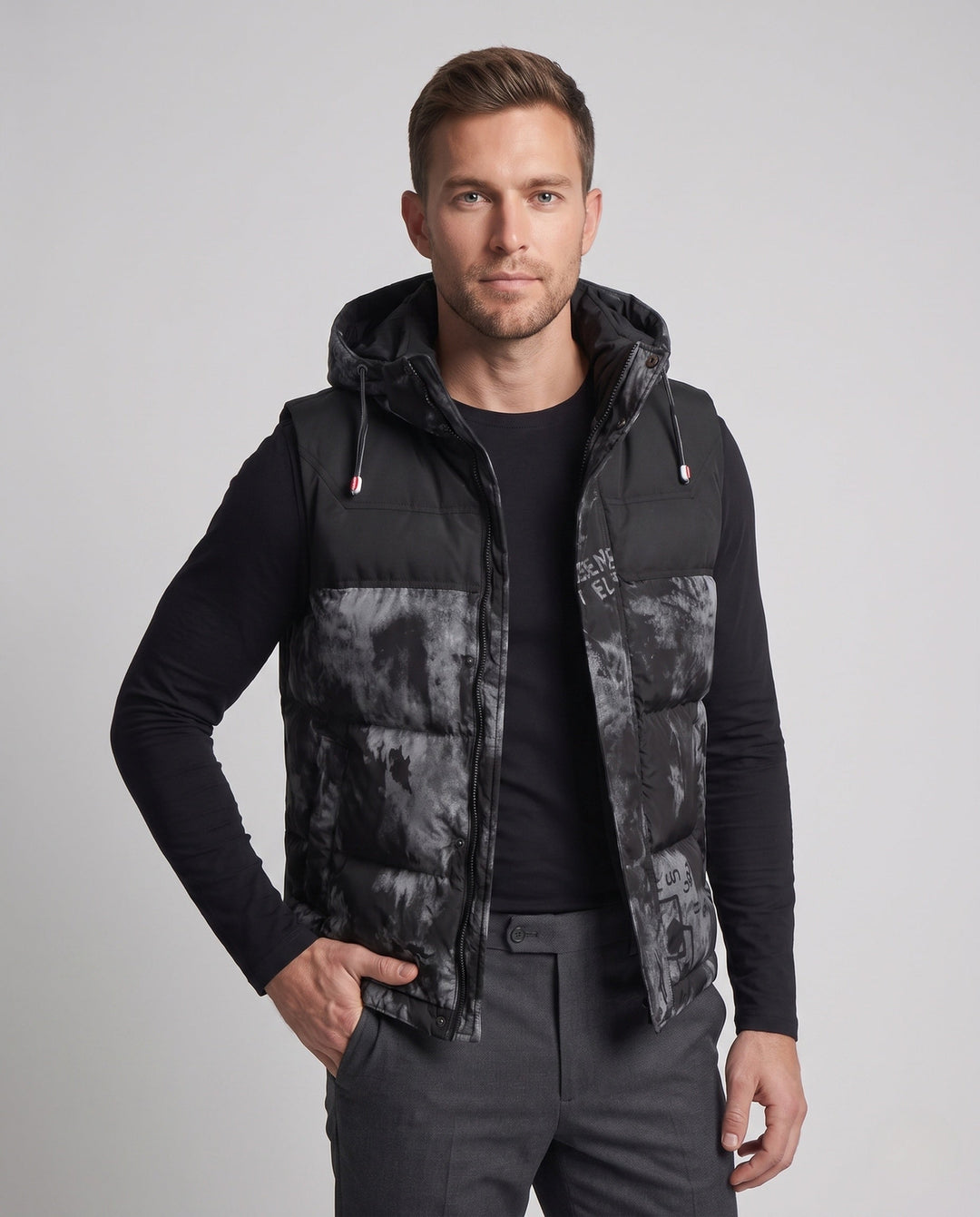 Herr Sleeveless Termisk Vadderad Väst med Justerbar Huva och Warming Isolering Filling