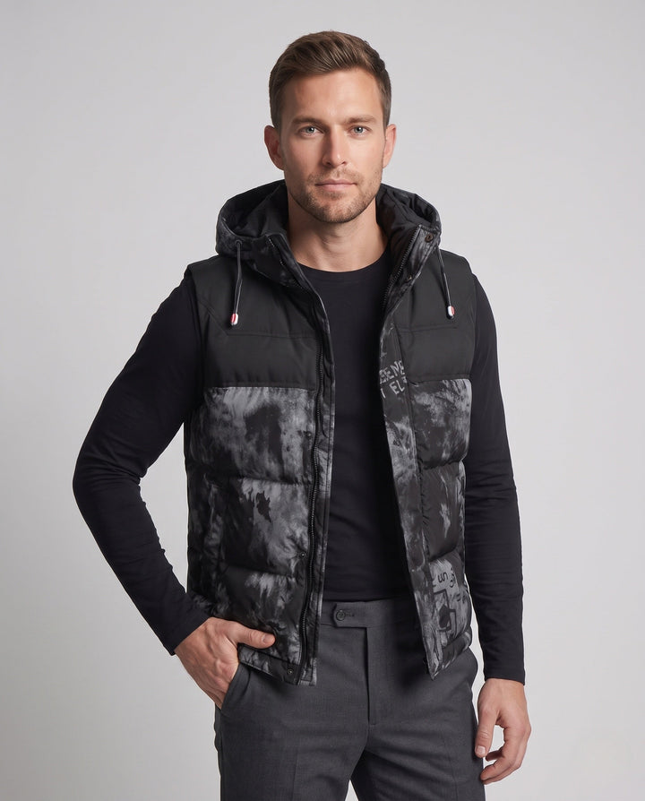 Herr Sleeveless Termisk Vadderad Väst med Justerbar Huva och Warming Isolering Filling