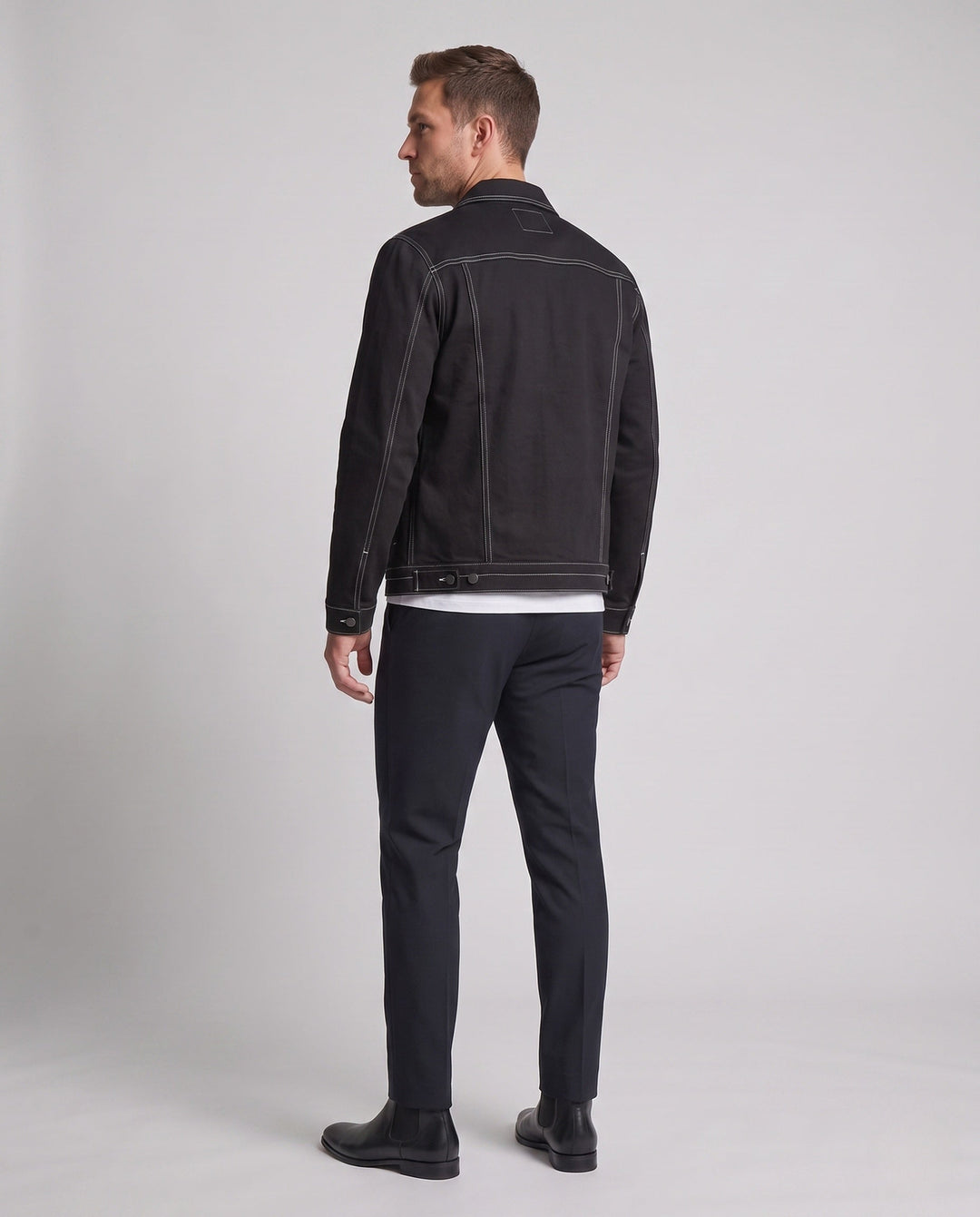 Herr Canvas Jeans Jacka med Kontrast Stitching, Tryckknapp Fram och Bröstfickor