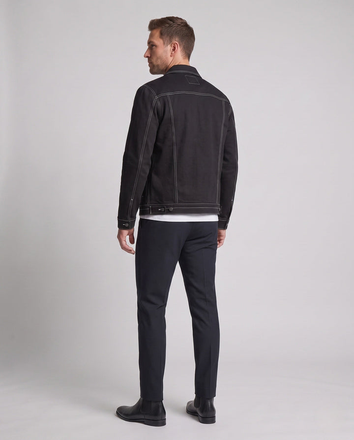 Herr Canvas Jeans Jacka med Kontrast Stitching, Tryckknapp Fram och Bröstfickor