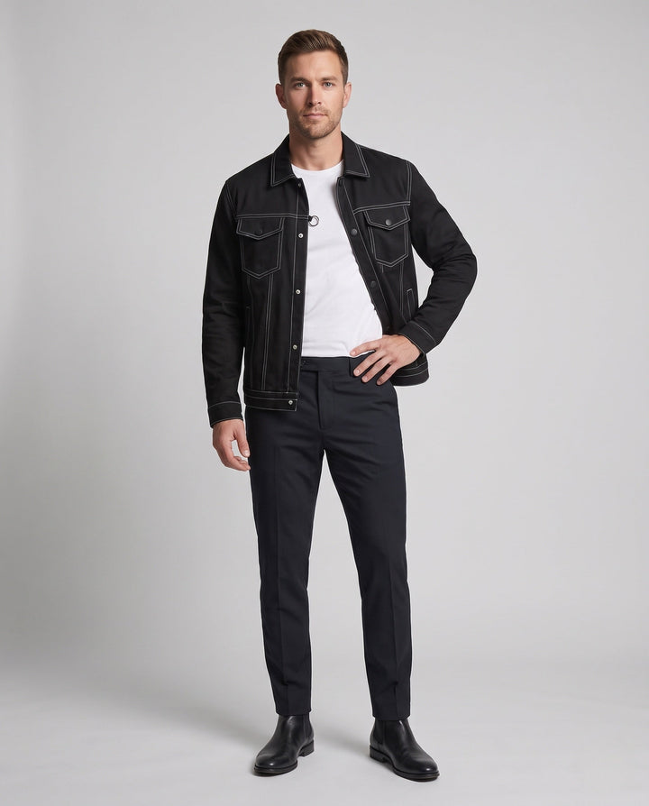 Herr Canvas Jeans Jacka med Kontrast Stitching, Tryckknapp Fram och Bröstfickor