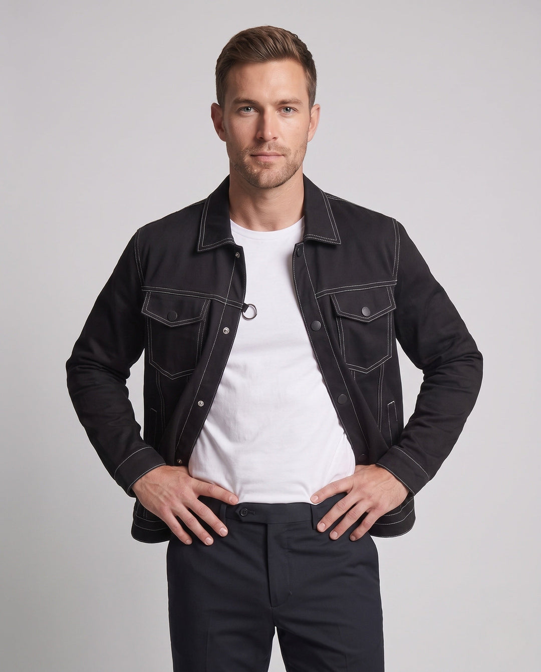 Herr Canvas Jeans Jacka med Kontrast Stitching, Tryckknapp Fram och Bröstfickor