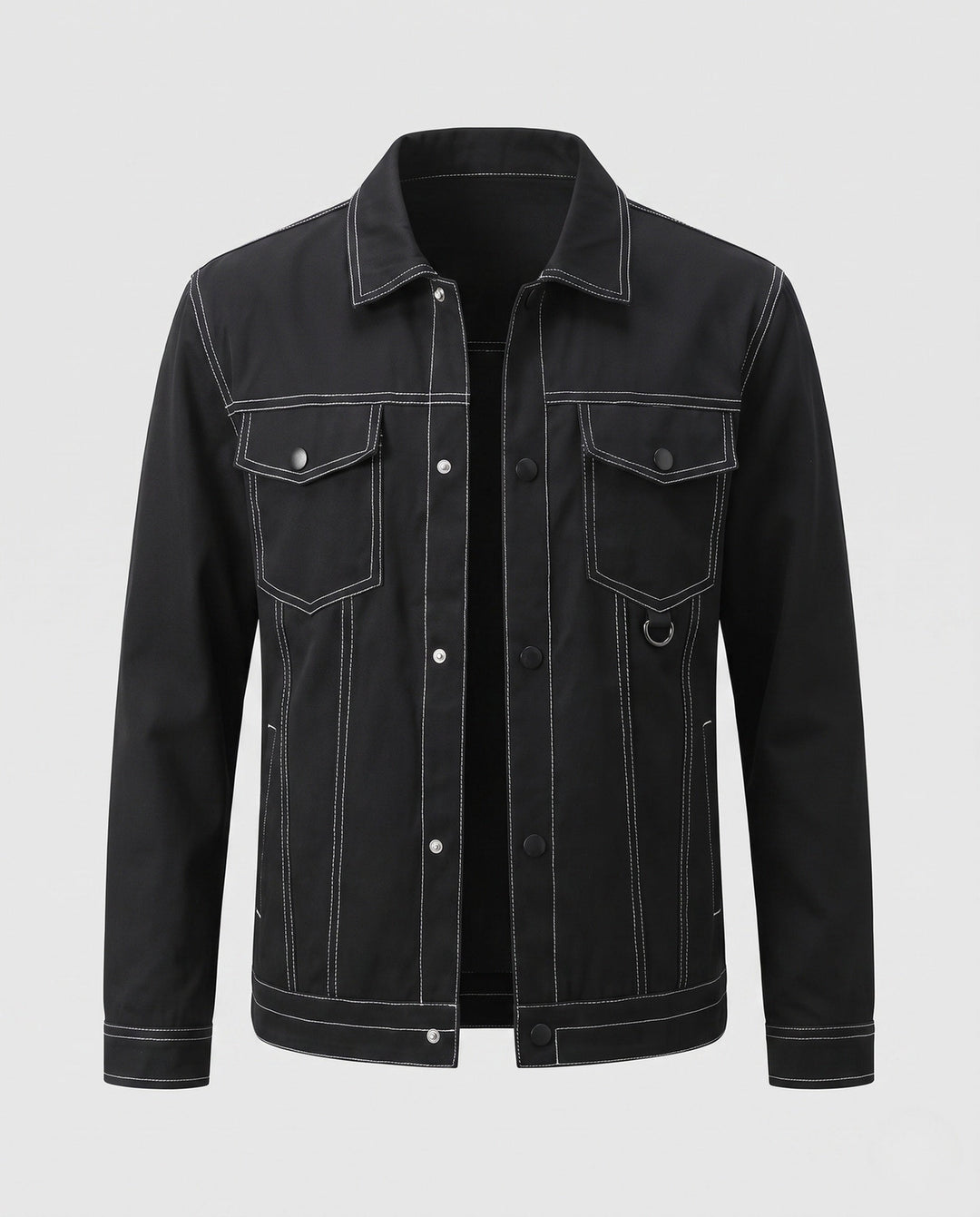 Herr Canvas Jeans Jacka med Kontrast Stitching, Tryckknapp Fram och Bröstfickor