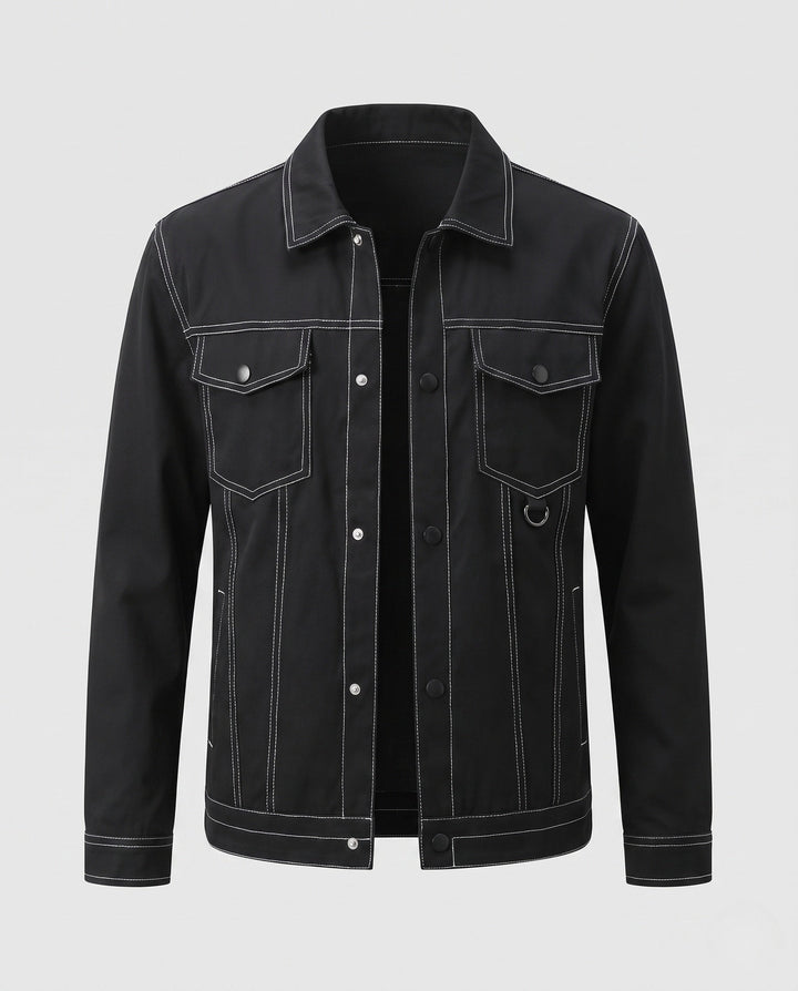 Herr Canvas Jeans Jacka med Kontrast Stitching, Tryckknapp Fram och Bröstfickor