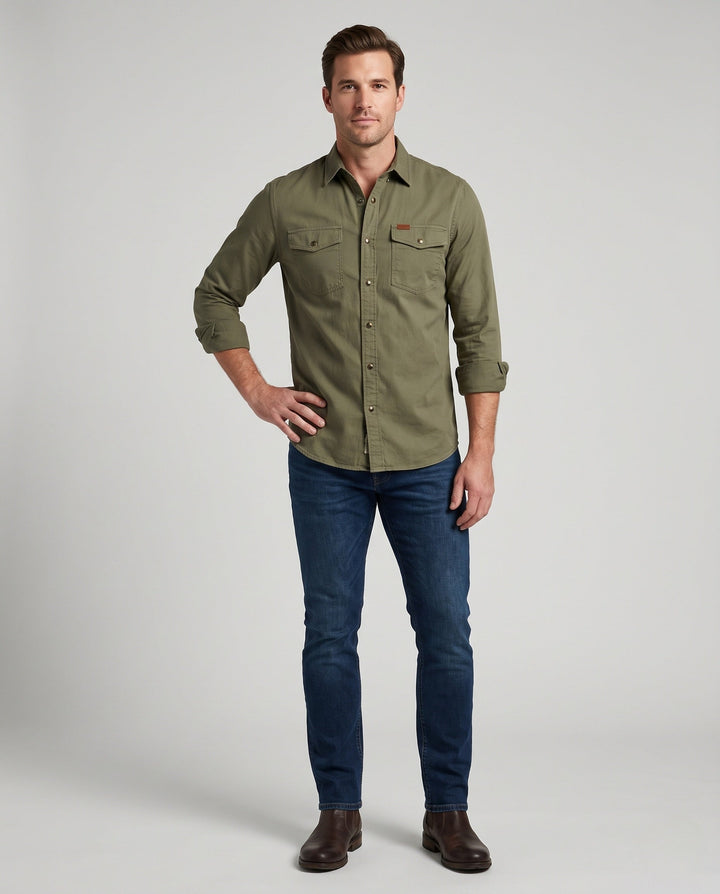 Herr Canvas Funktion Overshirt med Bröst Utanpåfickor och Casual Skjortkrage