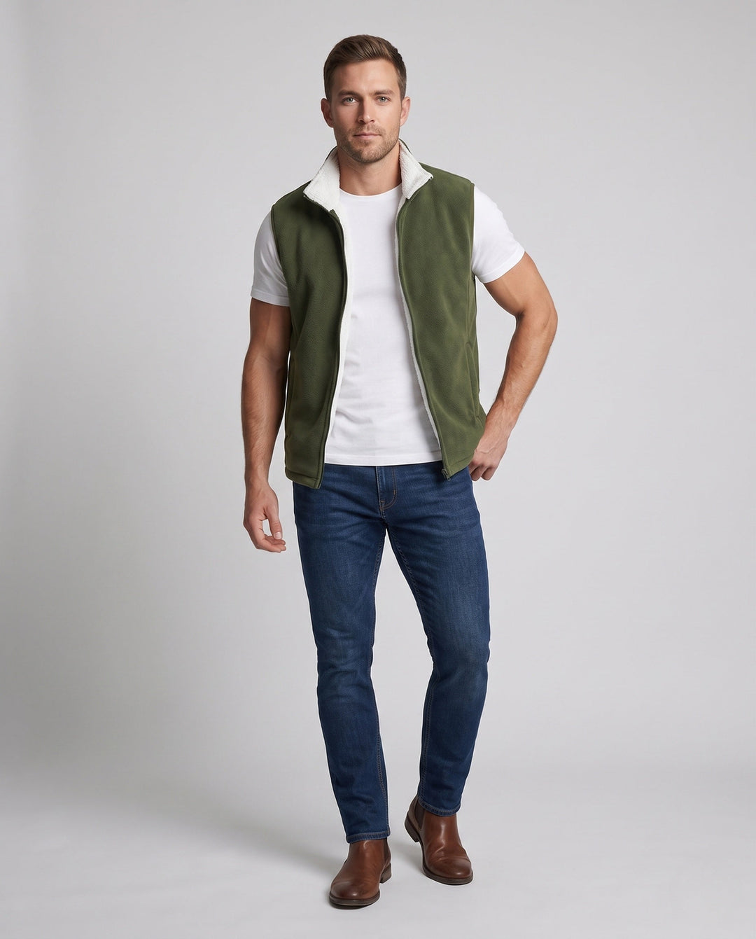 Herr Fleece Väst med Hög Ståkrage, Hel Dragkedja och Sidofickor