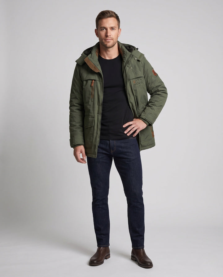 Herr Vadderad Canvas Fält Parkas med Huva, Thermo Isolering och Multifunktionell Fickor