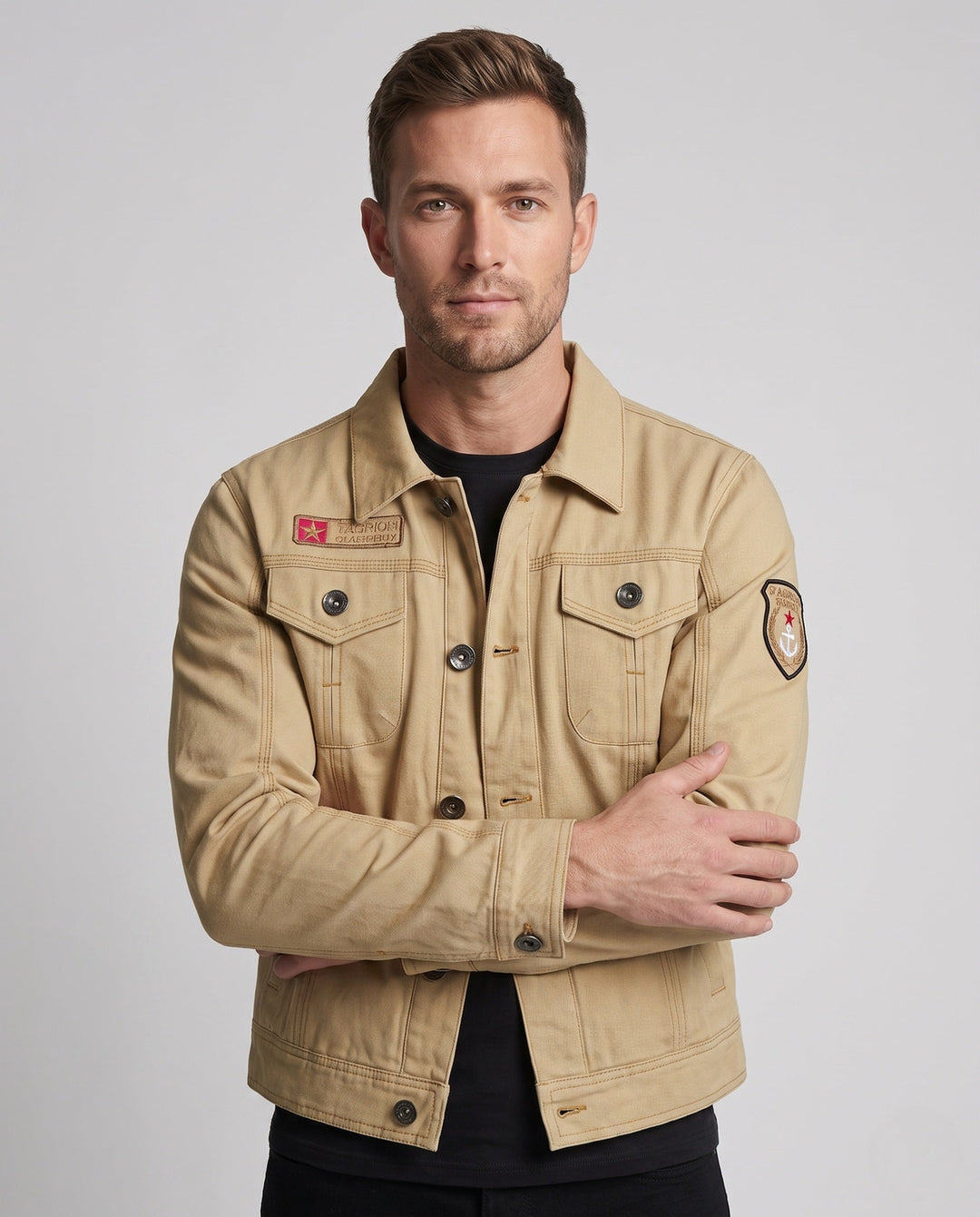 Herr Kort Skärning Canvas Trucker Jacka i Arbetskläder Look med Skjortkrage, Lockfickor och Ärm Utanpå