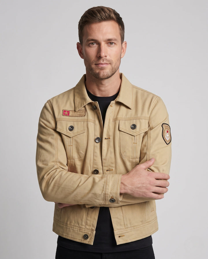 Herr Kort Skärning Canvas Trucker Jacka i Arbetskläder Look med Skjortkrage, Lockfickor och Ärm Utanpå