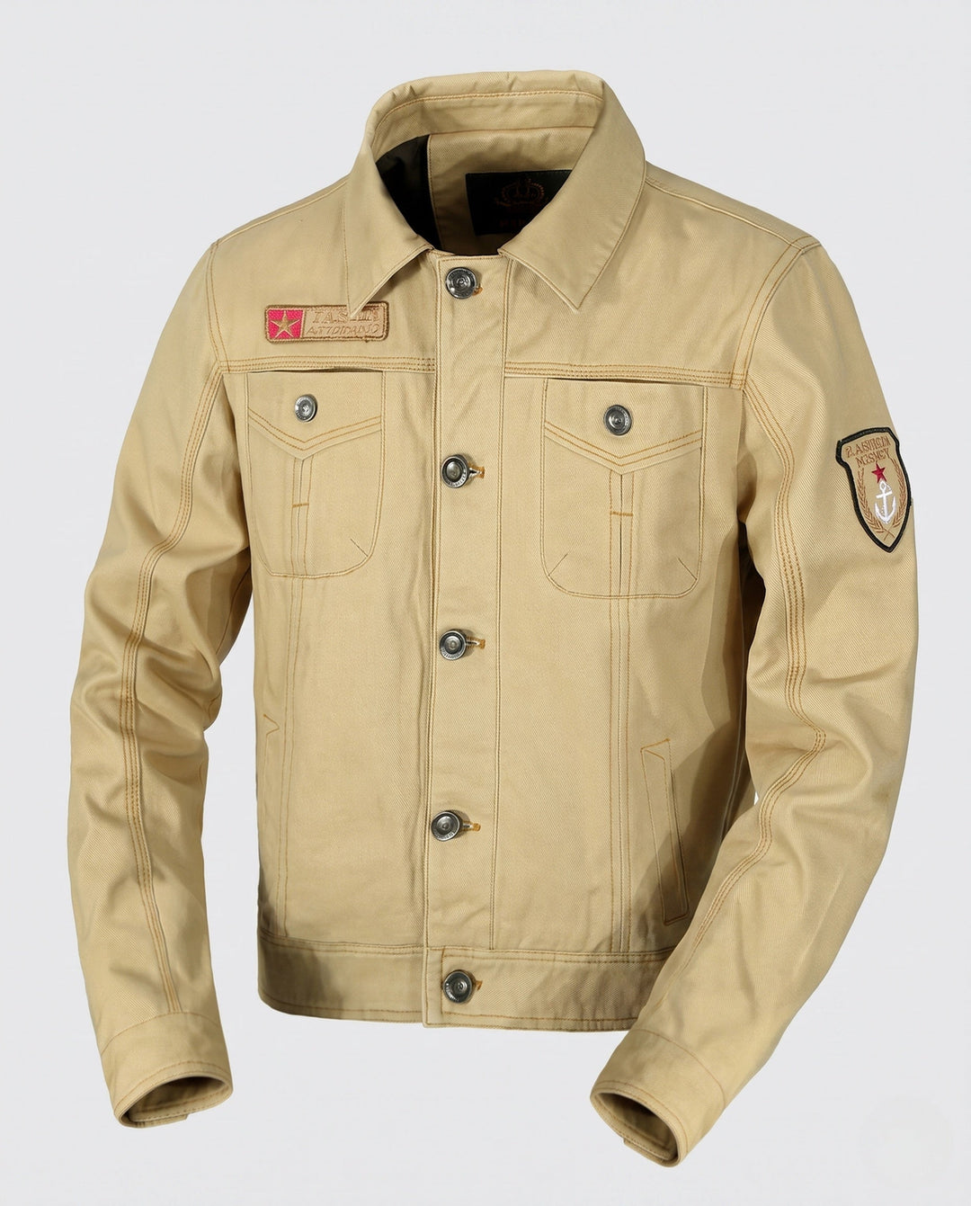 Herr Kort Skärning Canvas Trucker Jacka i Arbetskläder Look med Skjortkrage, Lockfickor och Ärm Utanpå