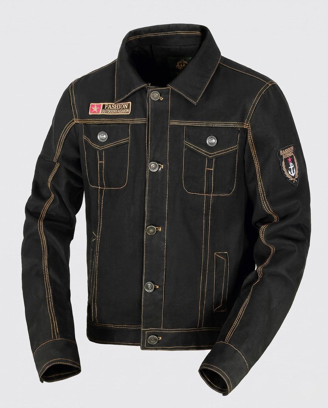 Herr Kort Skärning Canvas Trucker Jacka i Arbetskläder Look med Skjortkrage, Lockfickor och Ärm Utanpå