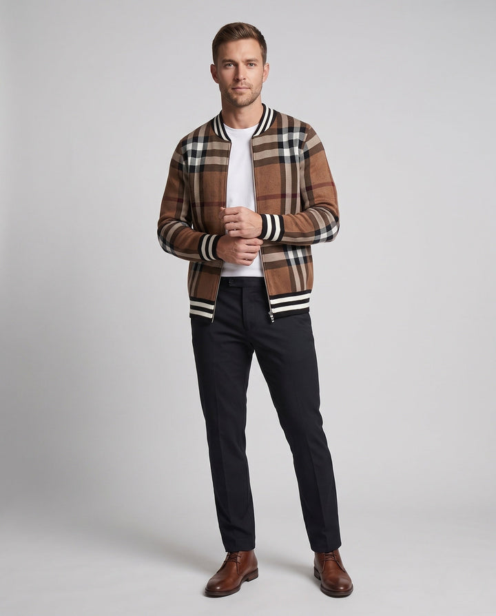 Herr Avslappnad Zip-Up Cardigan med Rutig Mönster