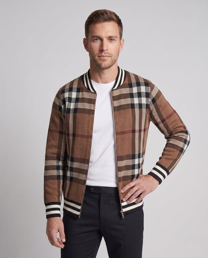 Herr Avslappnad Zip-Up Cardigan med Rutig Mönster