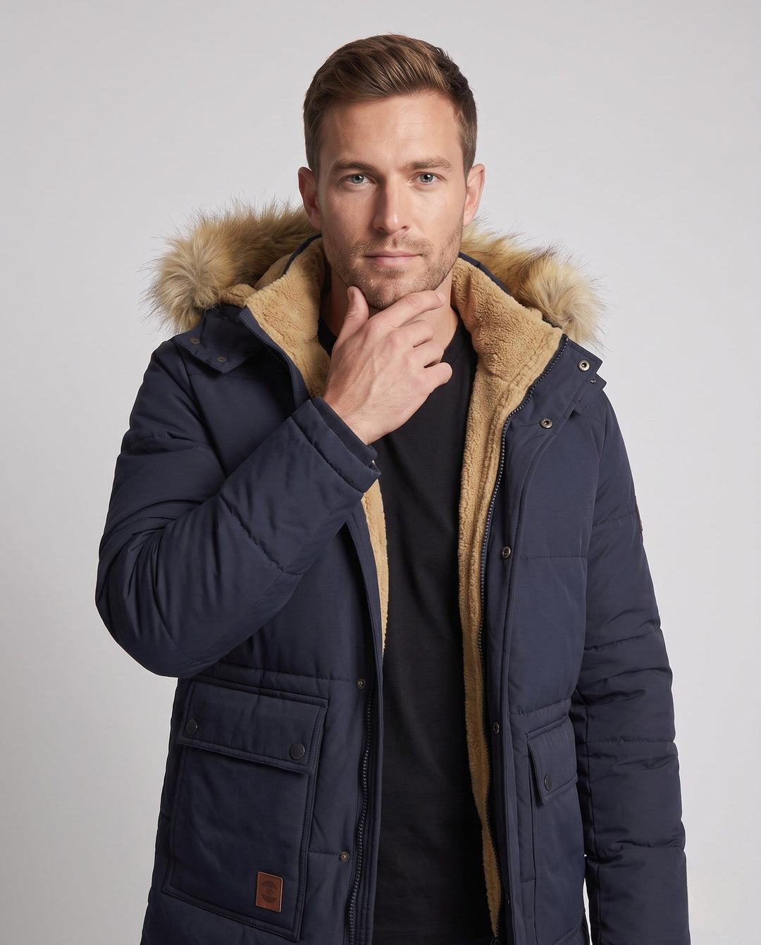 Herr Insulated Vinter Parka med Tjock Teddyfoder, Avtagbar Faux Fur Huva, och Multifunctional Fickor