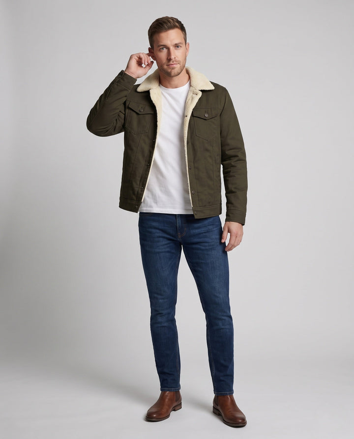 Herr Sherpa-Lined Canvas Jacka med Lapel Krage och Bröstfickor