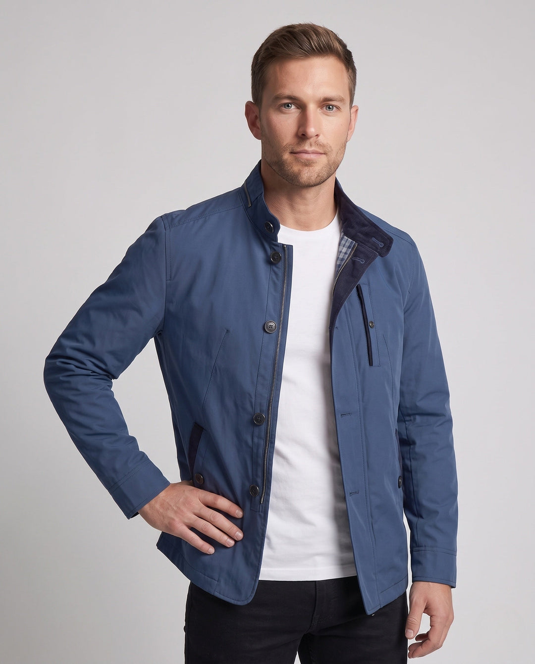 Herr Övergångs Jacka med Stående Krage och Suede Trim, Tailored Skärning