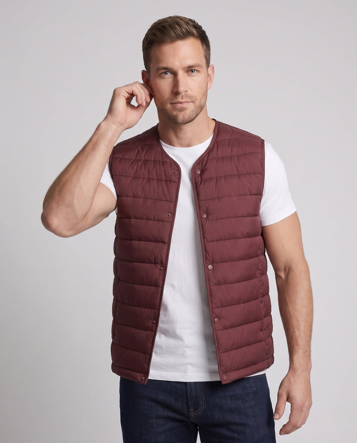 Herr Sleeveless Vadderad Väst med Lätt Dun Look och Snap Knäppning