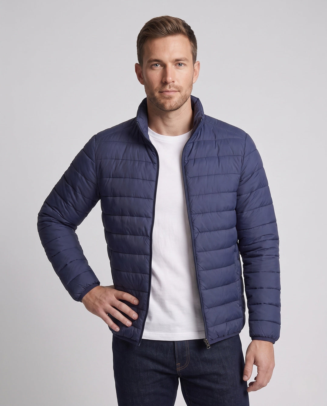 Herr Compact Packable Quiltad Övergångs Jacka med Stående Krage och Termisk Filling