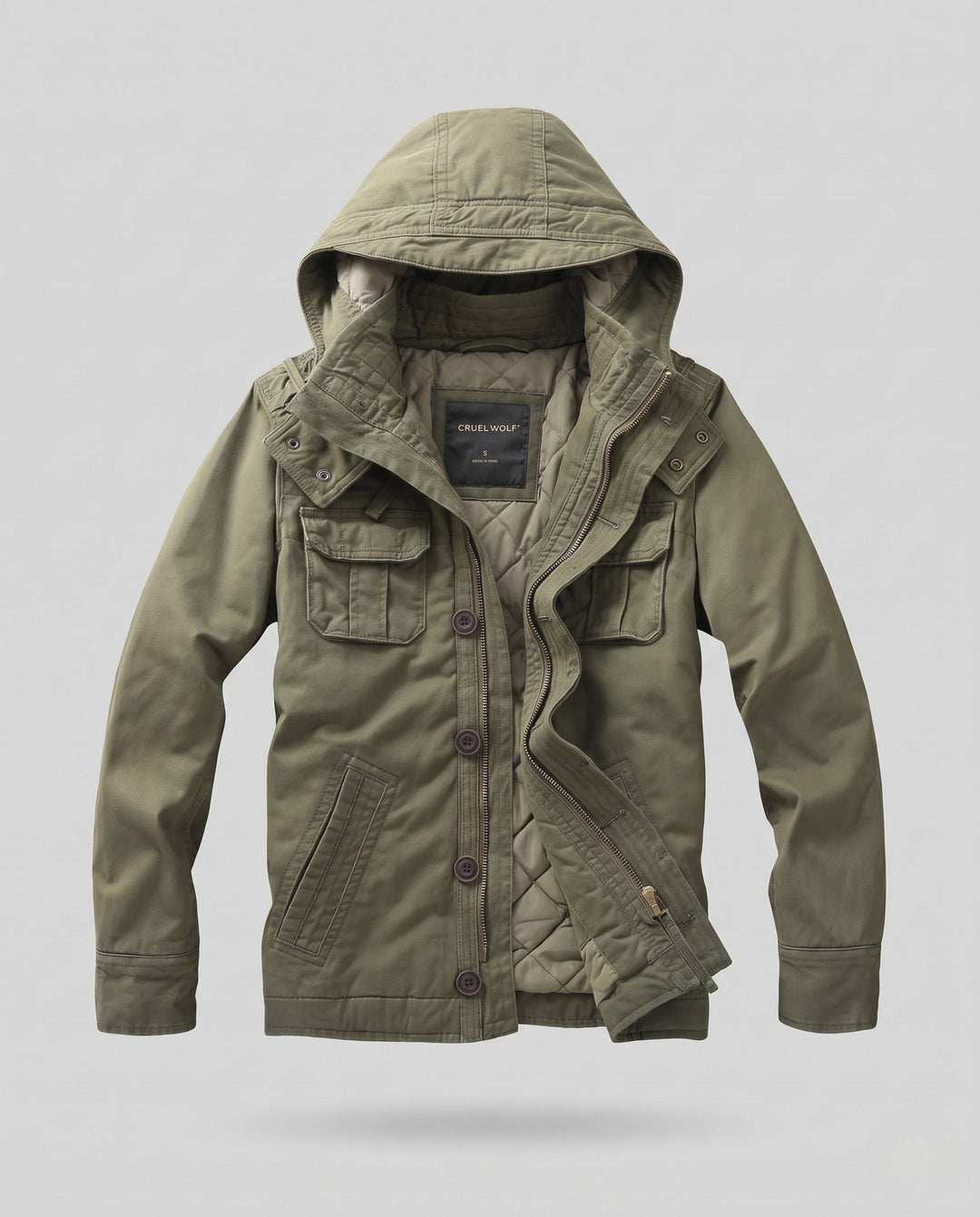 Herr Utility Parka med Huva, Quiltad Foder och Flera Fickor