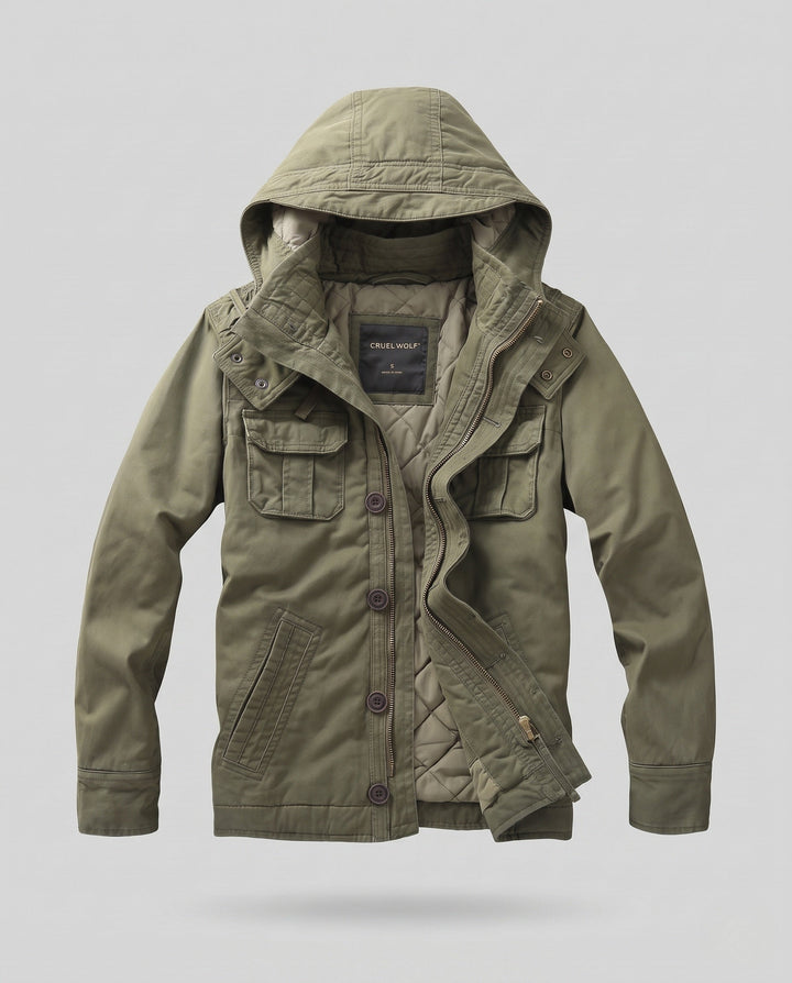 Herr Utility Parka med Huva, Quiltad Foder och Flera Fickor