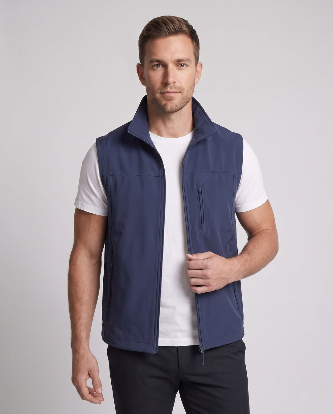 Herr Sleeveless Utility Väst med Stående Krage, Flera Dragkedjefickor och Wind-Resistant Skal