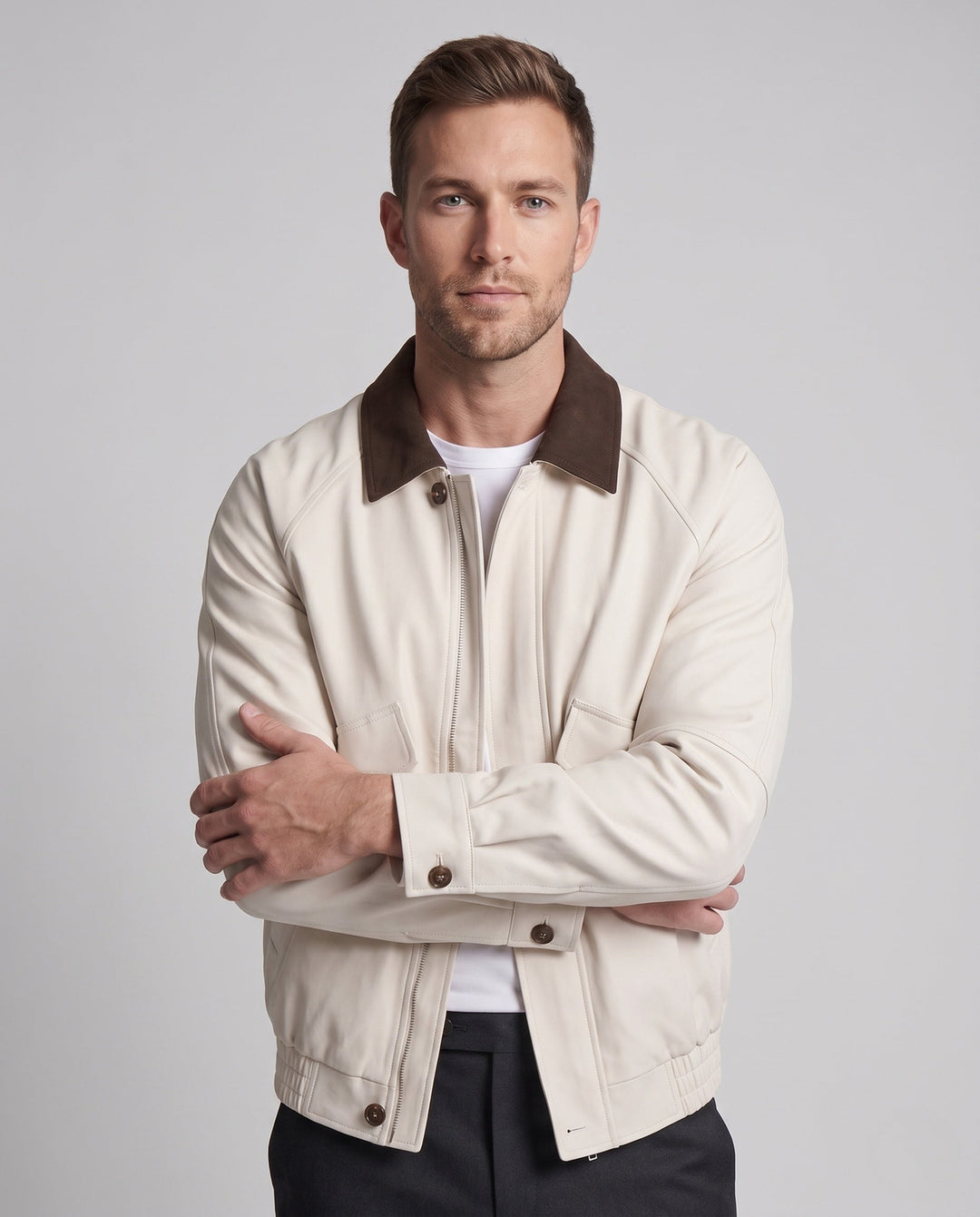 Herr Boxy Suede Look Fältjacka med Kontrast Krage, Lock Fickor och Elastisk Fåll