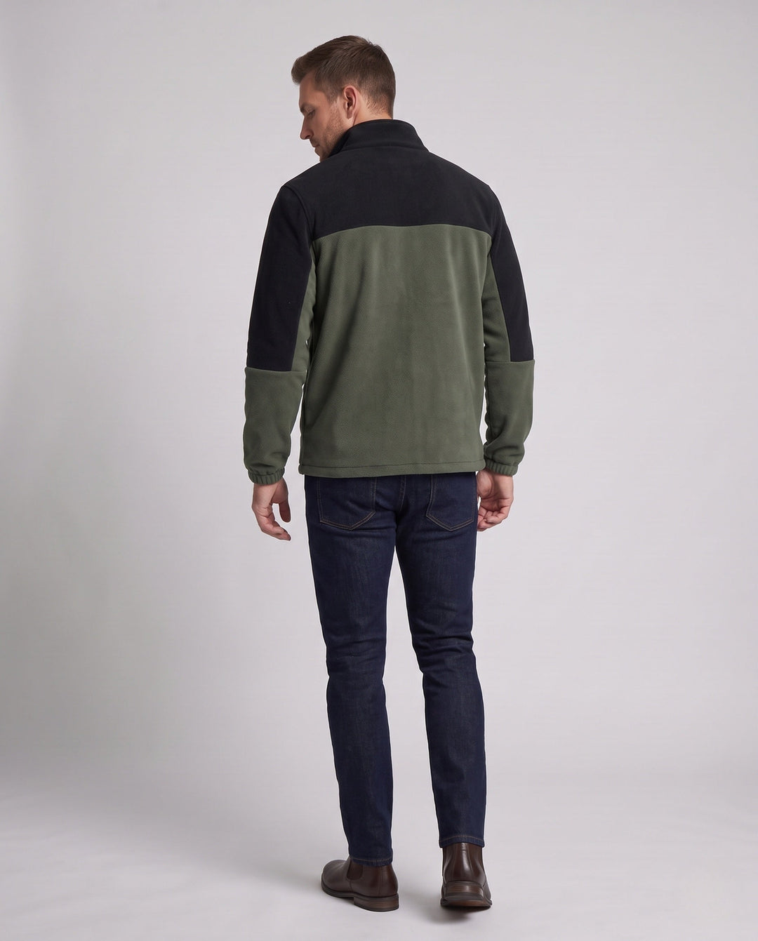 Herr Fleece Stående Krage Jacka med Panel Insert, Elastisk Muddar och Hel Dragkedja