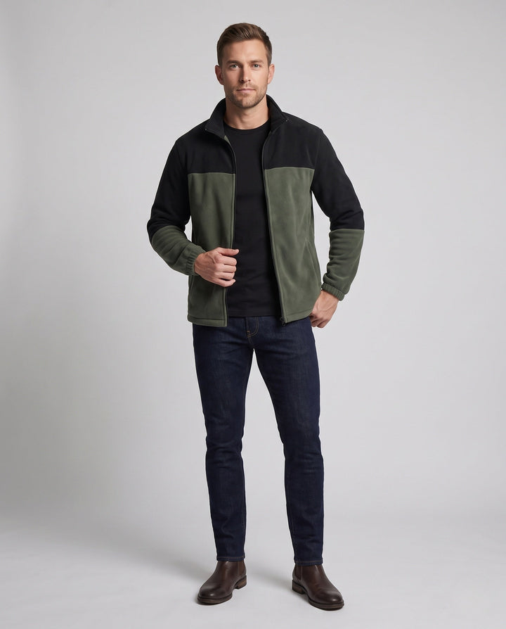 Herr Fleece Stående Krage Jacka med Panel Insert, Elastisk Muddar och Hel Dragkedja
