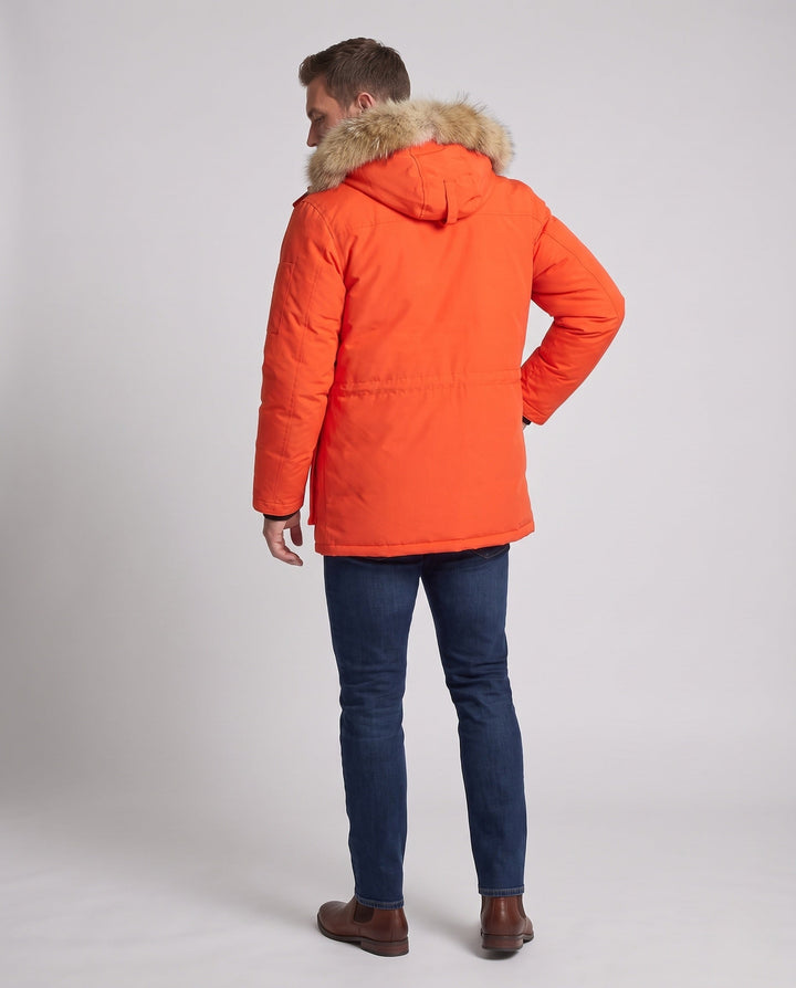 Herr Insulated Funktionell Parka med Huva, Faux Fur Trim och Flera Fickor