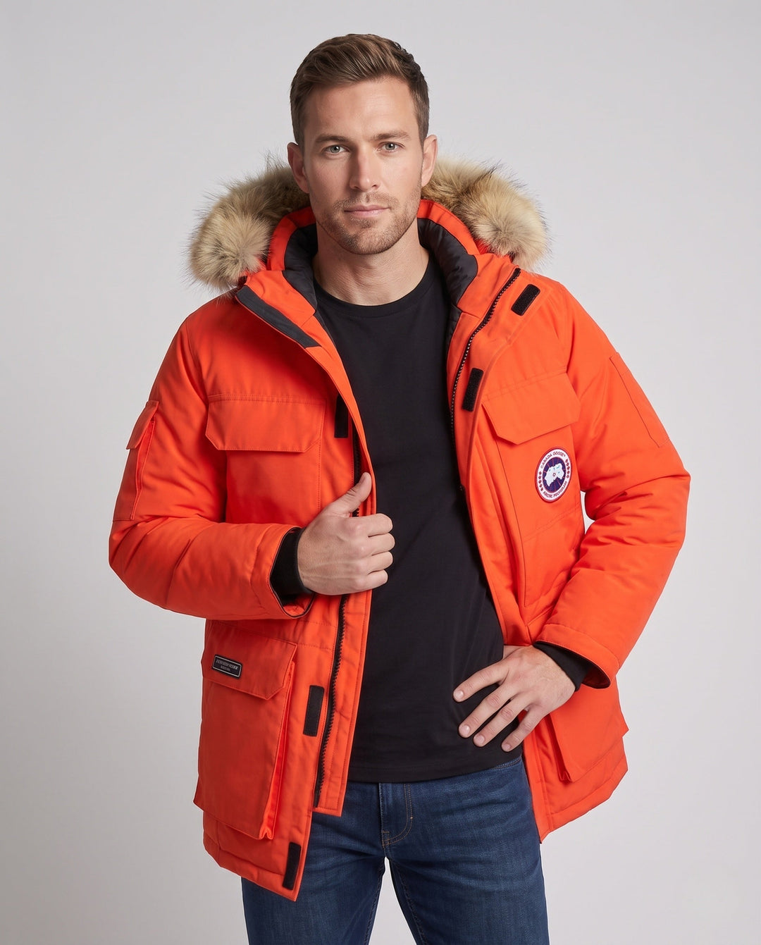 Herr Insulated Funktionell Parka med Huva, Faux Fur Trim och Flera Fickor