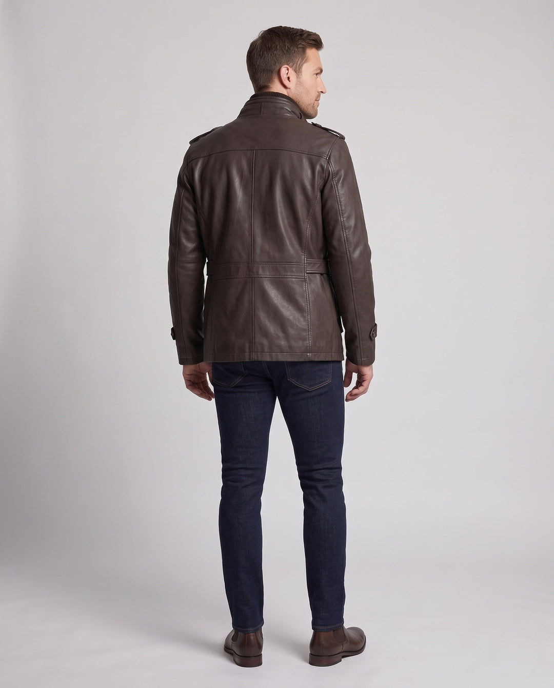 Herr Long Konstläder Parka med Teddyfoder, Utility Fickor och Stående Krage