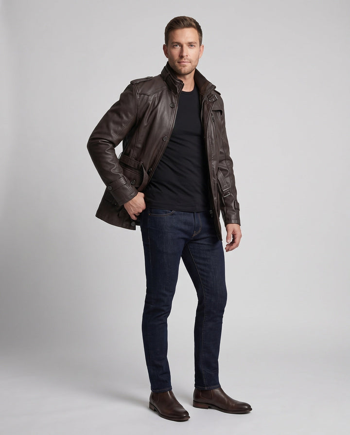 Herr Long Konstläder Parka med Teddyfoder, Utility Fickor och Stående Krage