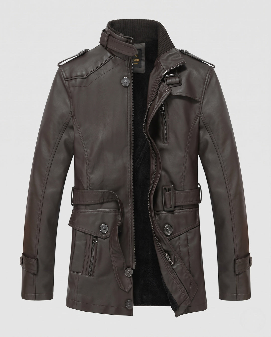 Herr Long Konstläder Parka med Teddyfoder, Utility Fickor och Stående Krage