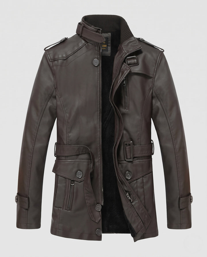 Herr Long Konstläder Parka med Teddyfoder, Utility Fickor och Stående Krage