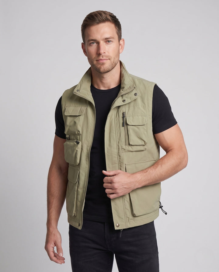 Herr Multifunctional Utility Väst med Multi-Pockets och Stående Krage