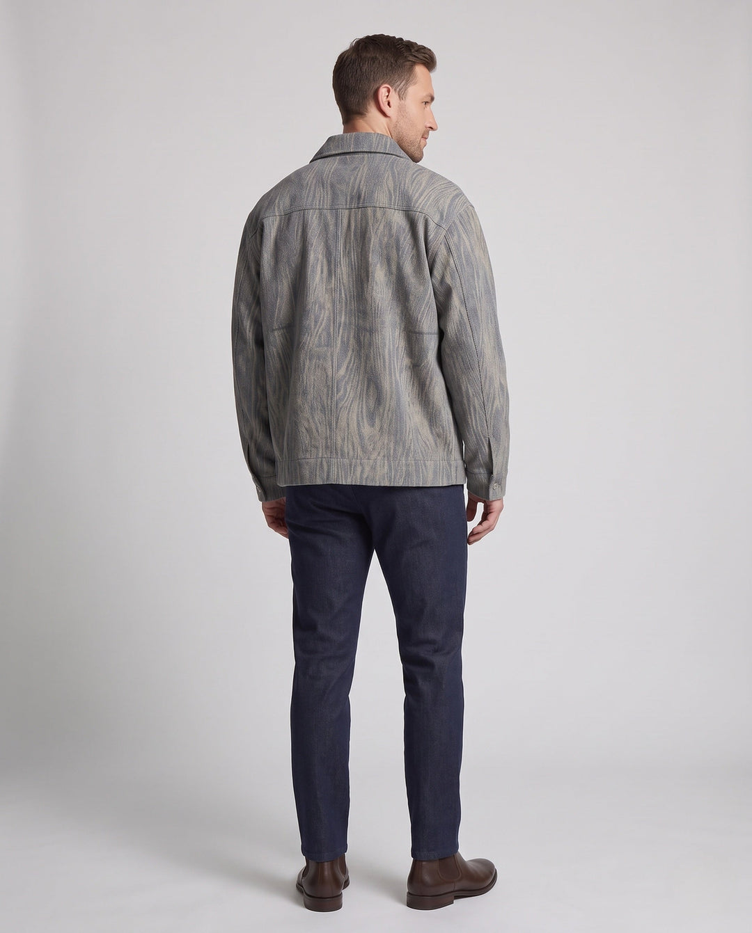 Herröverskjorta Jacka Tillverkad av Texturerad Denim Look med Snap-Knapplist och Boxy Siluett