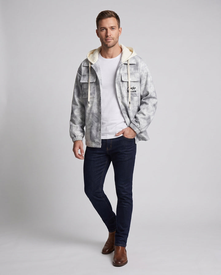 Herr Oversize Skjortjacka i Cabana Stil med Huva och Utility Fickor