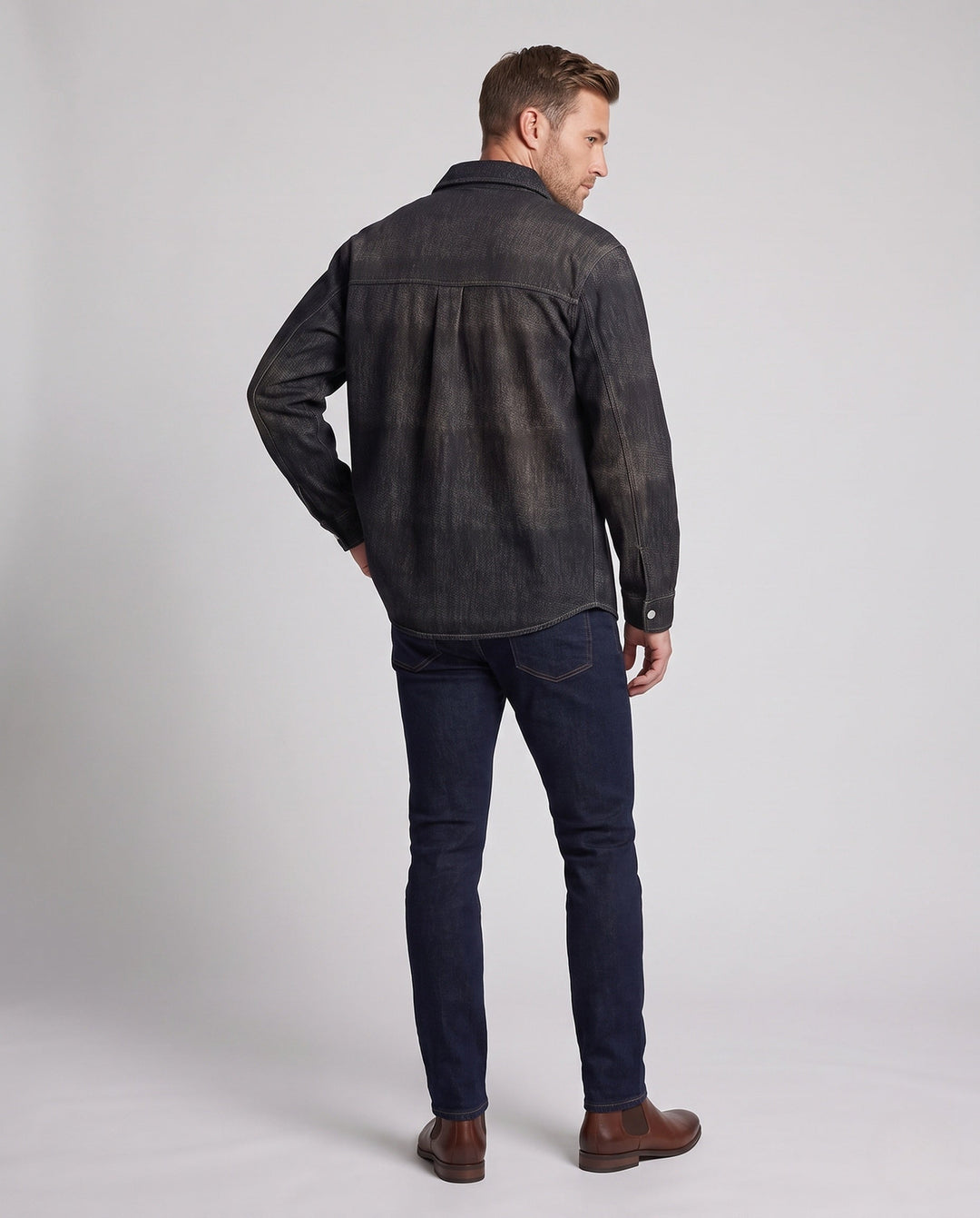 Herr Oversized Utility Look Denim Skjortjacka med Tryckknappslå och Attached Bröstficka
