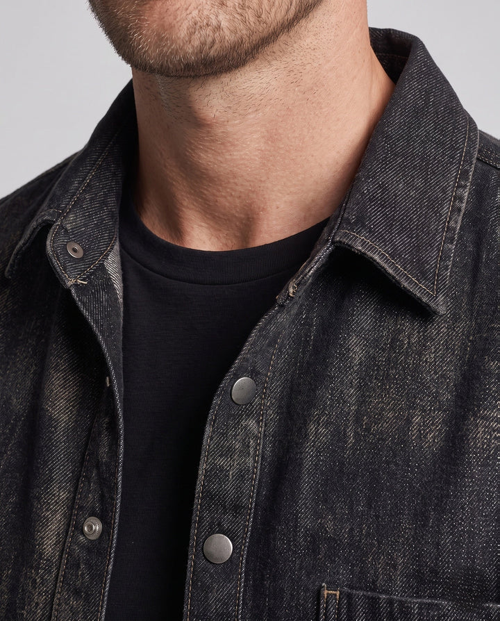 Herr Oversized Utility Look Denim Skjortjacka med Tryckknappslå och Attached Bröstficka