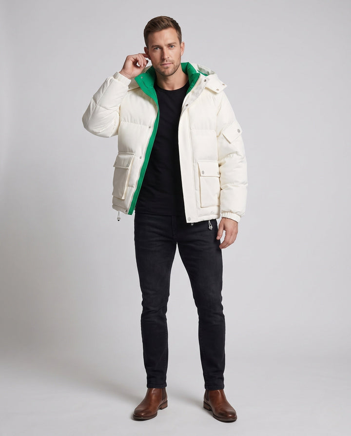 Herr Quiltad Parka med Huva, Utility Fickor och Kontrast Foder
