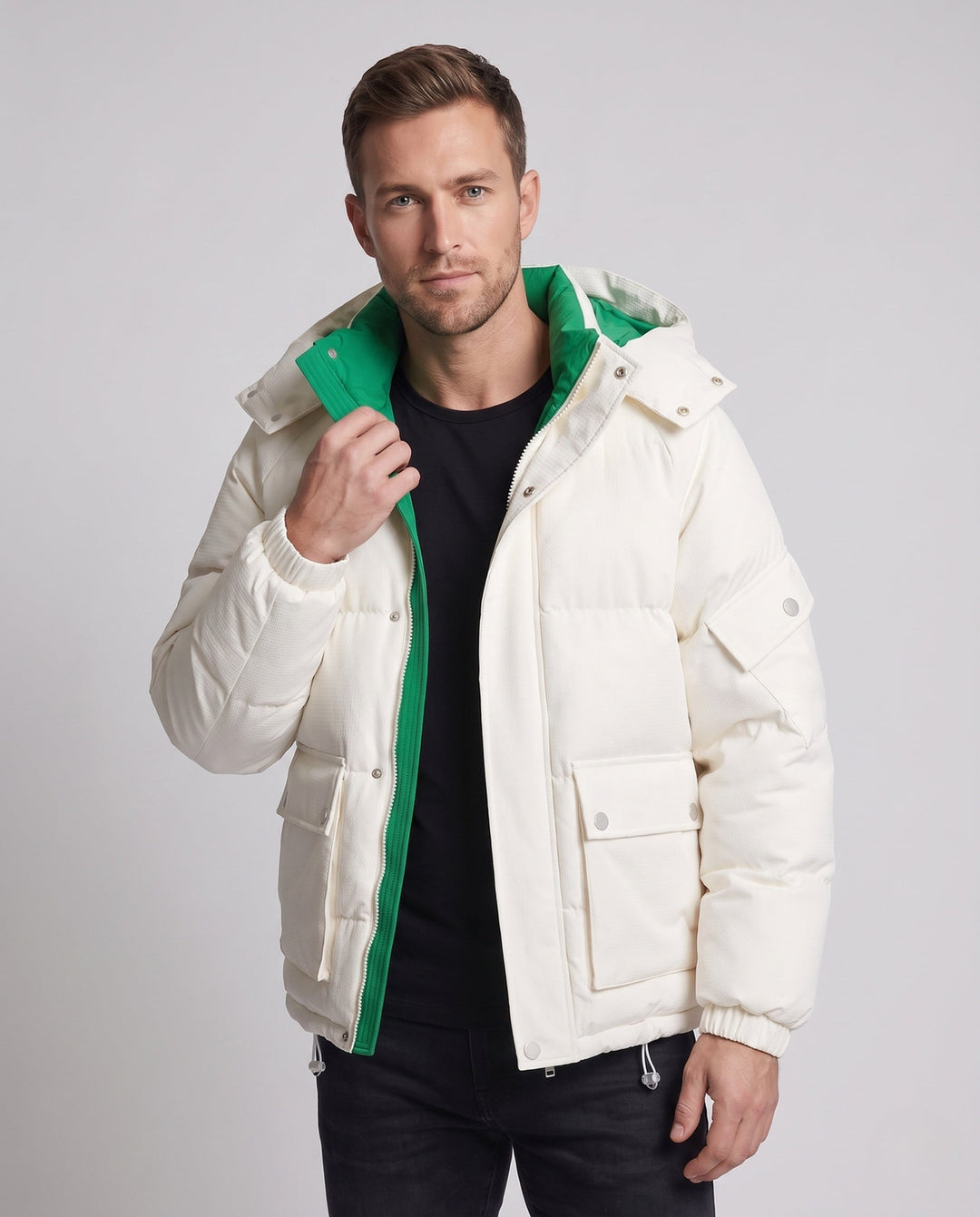 Herr Quiltad Parka med Huva, Utility Fickor och Kontrast Foder