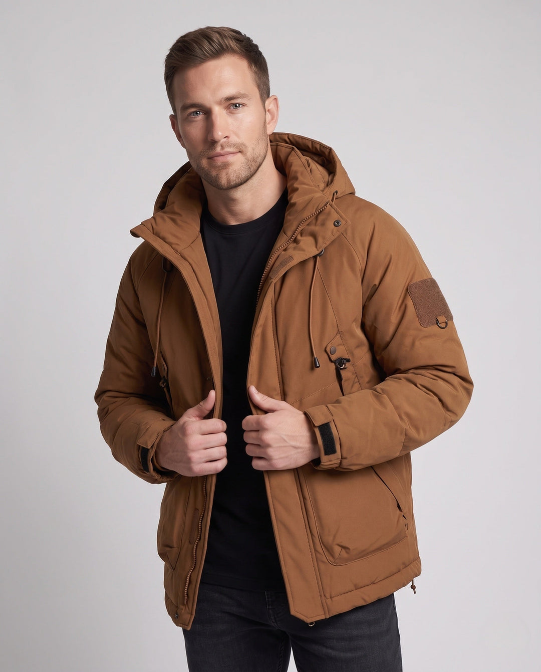 Herr teknisk med huva parka med Förlängd Rygg, Värmande Quilting &amp; flerafunktionella fickor