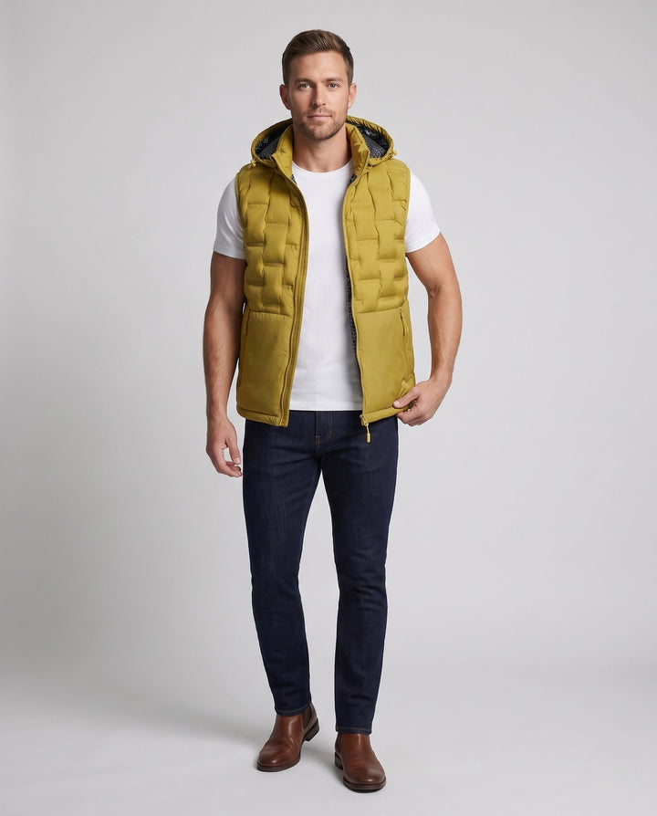 Herr Ultra-Light Quiltad Termisk Väst med Huva, Packable Egenskap och Wind-Resistant Surface