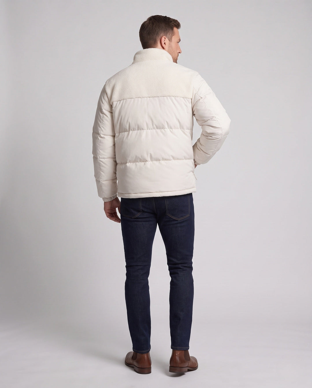 Herr Reversible Vadderad Quiltad Jacka med Teddy Trim och Hög Stående Krage