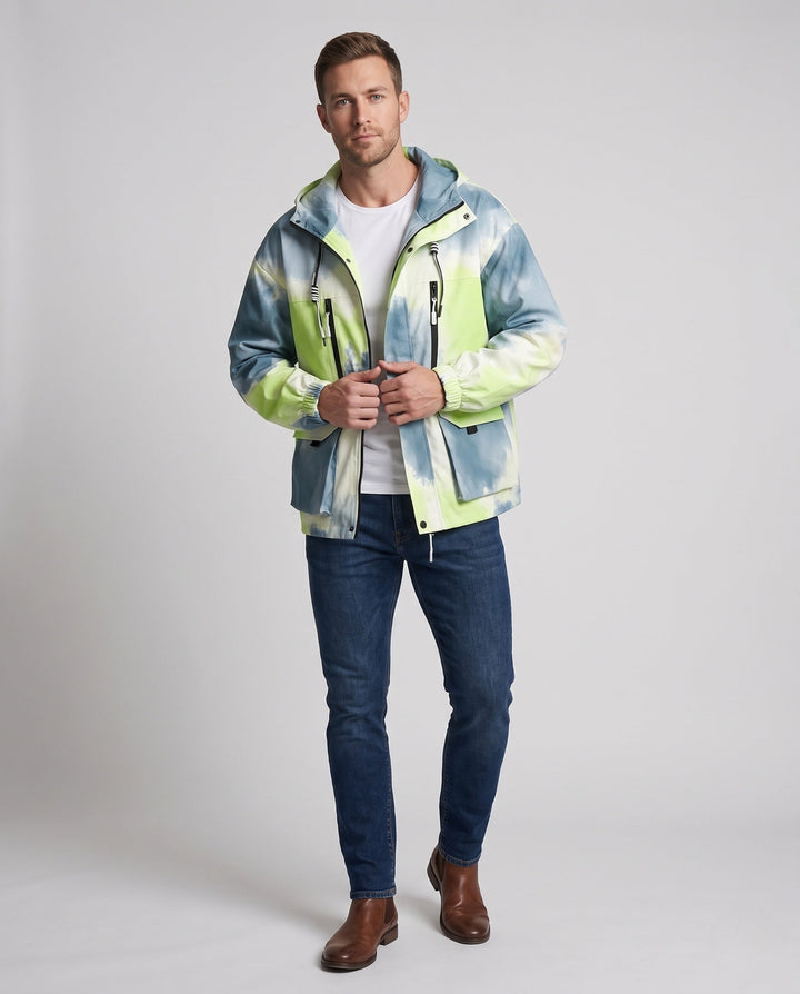 Unisex Leichte Kapuzen-Utility-Übergangsjacke mit Farbverlauf, Reißverschluss &amp; Mehrfach-Taschen